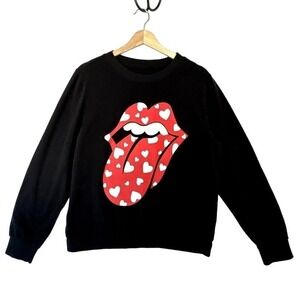 The Rolling Stones Sweatshirt Women L Heart LIps Tongue Black Red Crewneck